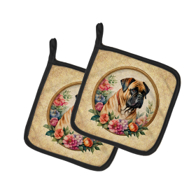 Frame of Flowers Pair of Pot Holders (Design: Bullmastiff 2110, size: 7.5HX7.5W)
