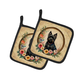 Frame of Flowers Pair of Pot Holders (Design: Cairn Terrier 2111, size: 7.5HX7.5W)