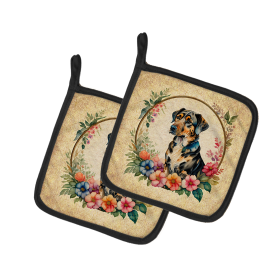 Frame of Flowers Pair of Pot Holders (Design: Catahoula Leopard Dog 2112, size: 7.5HX7.5W)