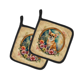 Frame of Flowers Pair of Pot Holders (Design: Chihuahua 2115, size: 7.5HX7.5W)