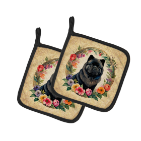 Frame of Flowers Pair of Pot Holders (Design: Chow Chow 2118, size: 7.5HX7.5W)