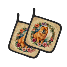 Frame of Flowers Pair of Pot Holders (Design: Chow Chow 2119, size: 7.5HX7.5W)