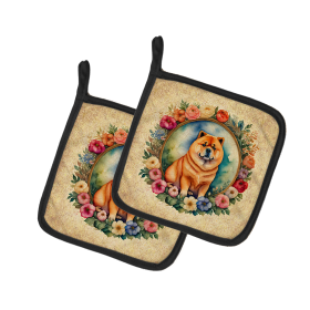 Frame of Flowers Pair of Pot Holders (Design: Chow Chow 2120, size: 7.5HX7.5W)