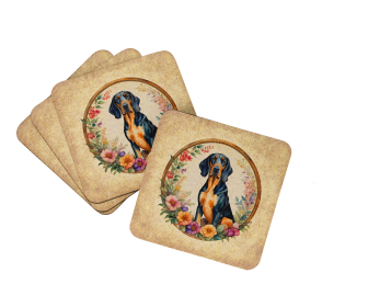 Frame of Flowers Foam Coasters (Dog Breed: Coonhound 2122, size: 3.5)