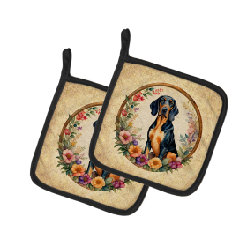 Frame of Flowers Pair of Pot Holders (Design: Coonhound 2122, size: 7.5HX7.5W)