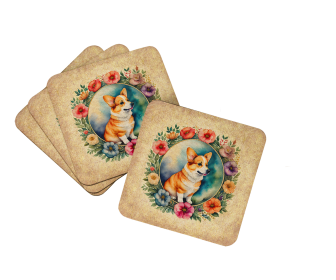 Frame of Flowers Foam Coasters (Dog Breed: Corgi 2123, size: 3.5)