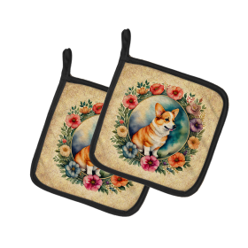 Frame of Flowers Pair of Pot Holders (Design: Corgi 2123, size: 7.5HX7.5W)