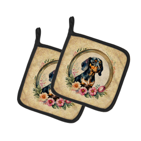 Frame of Flowers Pair of Pot Holders (Design: Dachshund 2125, size: 7.5HX7.5W)