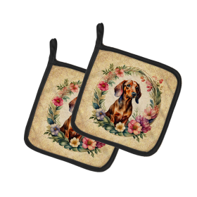 Frame of Flowers Pair of Pot Holders (Design: Dachshund 2126, size: 7.5HX7.5W)