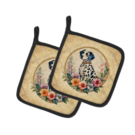 Frame of Flowers Pair of Pot Holders (Design: Dalmatian 2127, size: 7.5HX7.5W)