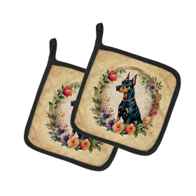 Frame of Flowers Pair of Pot Holders (Design: Doberman Pinscher 2128, size: 7.5HX7.5W)