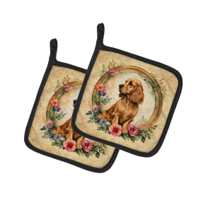 Frame of Flowers Pair of Pot Holders (Design: English Cocker Spaniel 2130, size: 7.5HX7.5W)