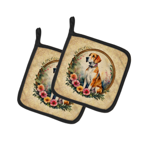 Frame of Flowers Pair of Pot Holders (Design: English Foxhound 2131, size: 7.5HX7.5W)
