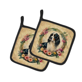 Frame of Flowers Pair of Pot Holders (Design: English Springer Spaniel 2132, size: 7.5HX7.5W)
