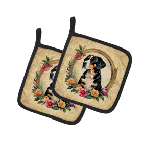 Frame of Flowers Pair of Pot Holders (Design: Entlebucher Mountain Dog 2134, size: 7.5HX7.5W)