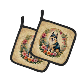 Frame of Flowers Pair of Pot Holders (Design: Finnish Lapphund 2136, size: 7.5HX7.5W)