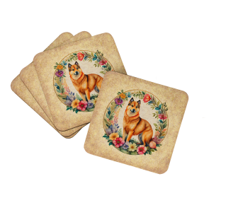 Frame of Flowers Foam Coasters (Dog Breed: Finnish Spitz 2137, size: 3.5)