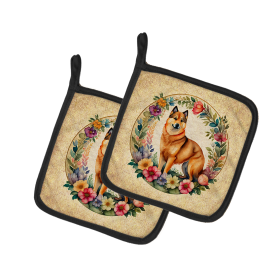 Frame of Flowers Pair of Pot Holders (Design: Finnish Spitz 2137, size: 7.5HX7.5W)