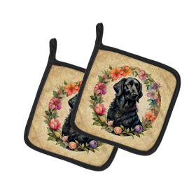 Frame of Flowers Pair of Pot Holders (Design: Flat-Coated Retriever 2138, size: 7.5HX7.5W)