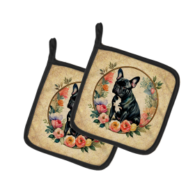 Frame of Flowers Pair of Pot Holders (Design: French Bulldog 2139, size: 7.5HX7.5W)