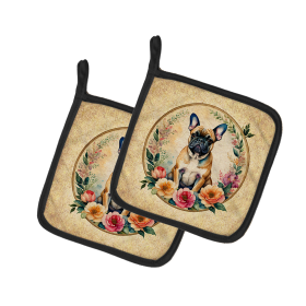 Frame of Flowers Pair of Pot Holders (Design: French Bulldog 2140, size: 7.5HX7.5W)