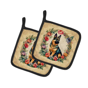 Frame of Flowers Pair of Pot Holders (Design: German Shepherd 2141, size: 7.5HX7.5W)