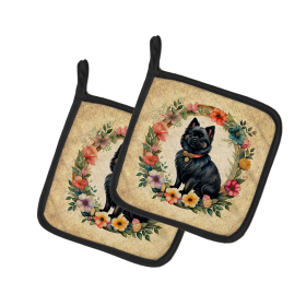 Frame of Flowers Pair of Pot Holders (Design: German Spitz 2142, size: 7.5HX7.5W)