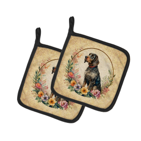 Frame of Flowers Pair of Pot Holders (Design: German Wirehaired Pointer  2143, size: 7.5HX7.5W)