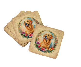 Frame of Flowers Foam Coasters (Dog Breed: Golden Retriever  2146, size: 3.5)