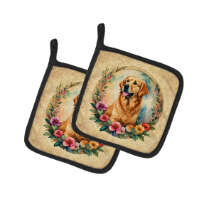 Frame of Flowers Pair of Pot Holders (Design: Golden Retriever  2146, size: 7.5HX7.5W)
