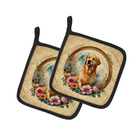 Frame of Flowers Pair of Pot Holders (Design: Golden Retriever  2147, size: 7.5HX7.5W)