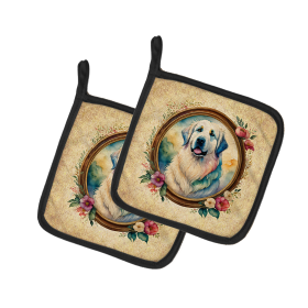 Frame of Flowers Pair of Pot Holders (Design: Great Pyrenees  2150, size: 7.5HX7.5W)