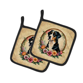Frame of Flowers Pair of Pot Holders (Design: Greater Swiss Mountain Dog  2151, size: 7.5HX7.5W)