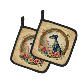 Frame of Flowers Pair of Pot Holders (Design: Greyhound  2152, size: 7.5HX7.5W)