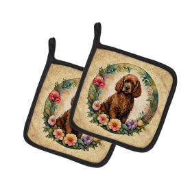Frame of Flowers Pair of Pot Holders (Design: Irish Water Spaniel  2155, size: 7.5HX7.5W)