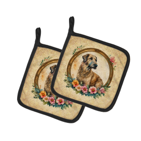 Frame of Flowers Pair of Pot Holders (Design: Irish Wolfhound  2156, size: 7.5HX7.5W)