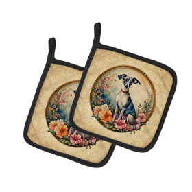 Frame of Flowers Pair of Pot Holders (Design: Italian Greyhound  2157, size: 7.5HX7.5W)