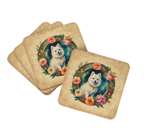Frame of Flowers Foam Coasters (Dog Breed: Japanese Spitz  2159, size: 3.5)
