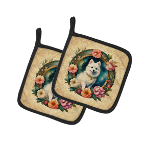 Frame of Flowers Pair of Pot Holders (Design: Japanese Spitz  2159, size: 7.5HX7.5W)