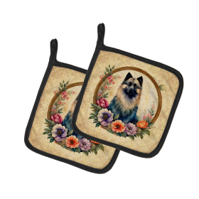 Frame of Flowers Pair of Pot Holders (Design: Keeshond  2160, size: 7.5HX7.5W)