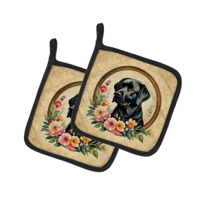 Frame of Flowers Pair of Pot Holders (Design: Labrador Retriever  2162, size: 7.5HX7.5W)