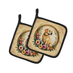 Frame of Flowers Pair of Pot Holders (Design: Labrador Retriever  2164, size: 7.5HX7.5W)