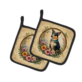 Frame of Flowers Pair of Pot Holders (Design: Lancashire Heeler  2167, size: 7.5HX7.5W)