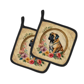 Frame of Flowers Pair of Pot Holders (Design: Mastiff  2171, size: 7.5HX7.5W)