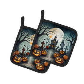 More Spooky Halloween Pair of Pot Holders (Design: Graveyard 2215, size: 7.5HX7.5W)
