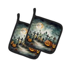 More Spooky Halloween Pair of Pot Holders (Design: Graveyard 2216, size: 7.5HX7.5W)