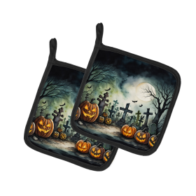 More Spooky Halloween Pair of Pot Holders (Design: Graveyard 2217, size: 7.5HX7.5W)