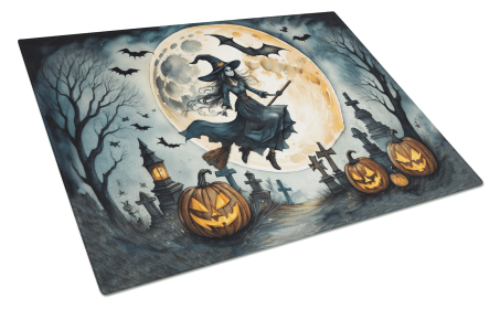 More Spooky Halloween Glass Cutting Board (Dog Breed: Flying Witch 2218, size: large)