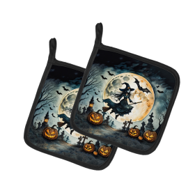 More Spooky Halloween Pair of Pot Holders (Design: Flying Witch 2218, size: 7.5HX7.5W)