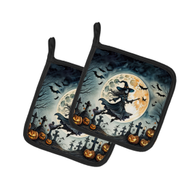 More Spooky Halloween Pair of Pot Holders (Design: Flying Witch 2219, size: 7.5HX7.5W)